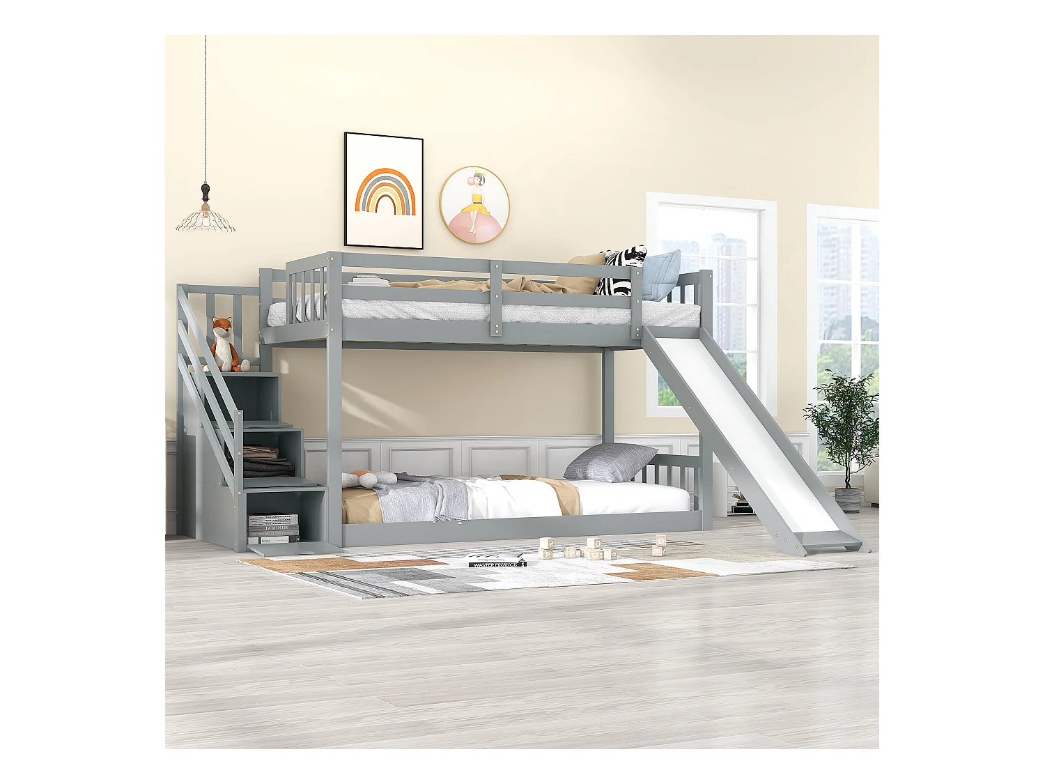 Lit superposé avec escalier et toboggan, cadre en pin massif, lit pour enfants avec 3 tiroirs dans l'escalier, 90x200 cm, gris