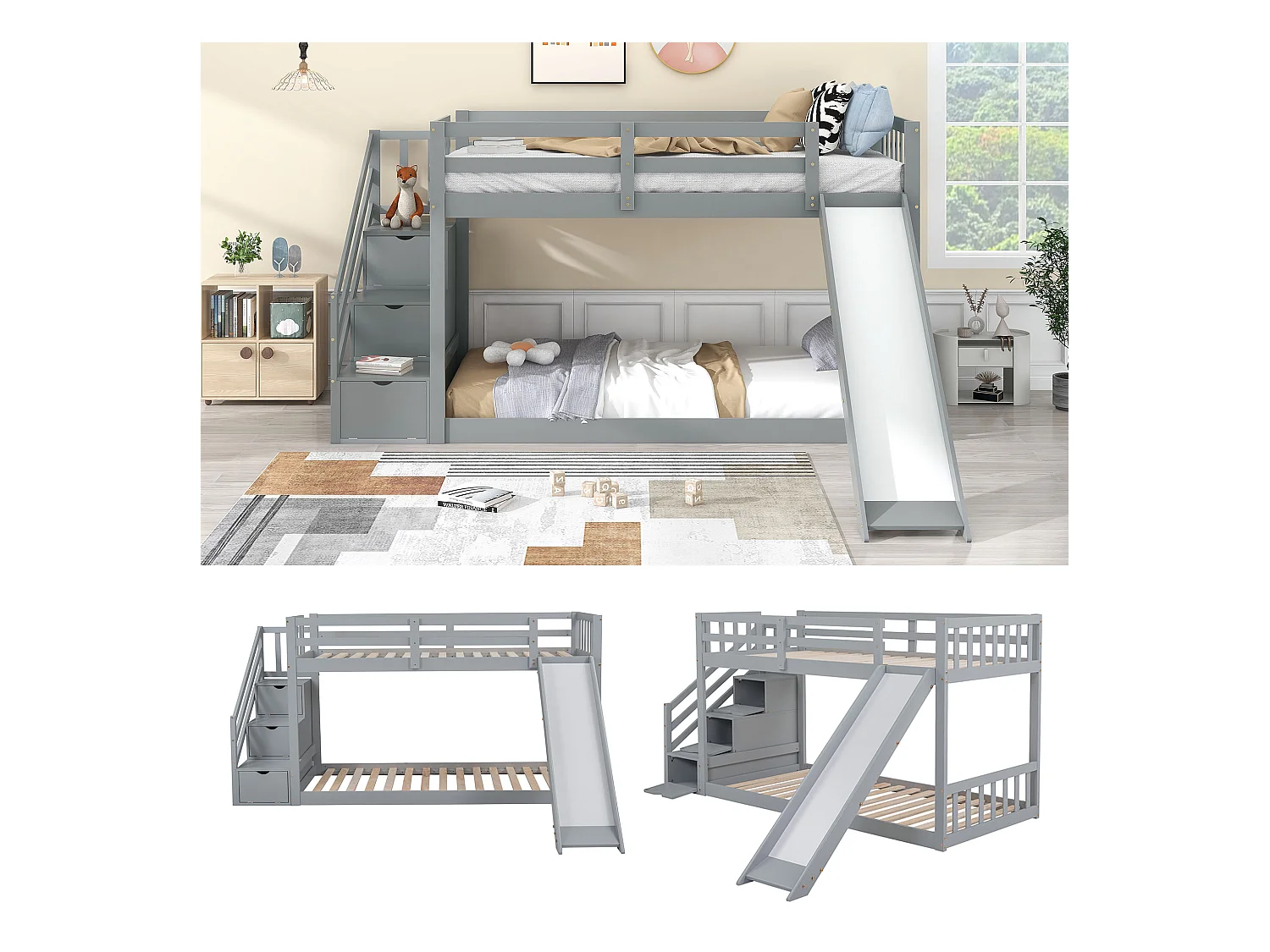 Lit superposé avec escalier et toboggan, cadre en pin massif, lit pour enfants avec 3 tiroirs dans l'escalier, 90x200 cm, gris