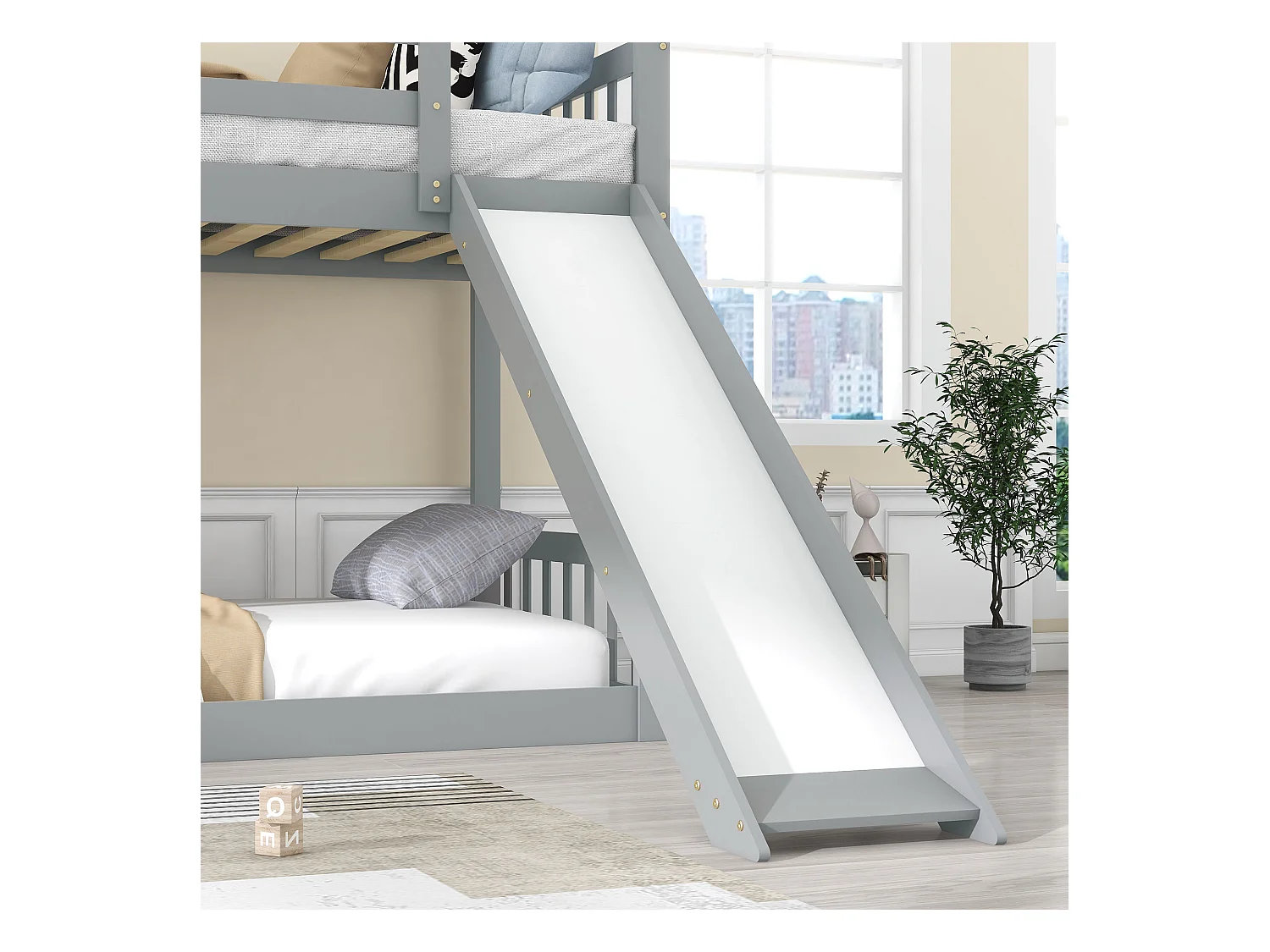Lit superposé avec escalier et toboggan, cadre en pin massif, lit pour enfants avec 3 tiroirs dans l'escalier, 90x200 cm, gris