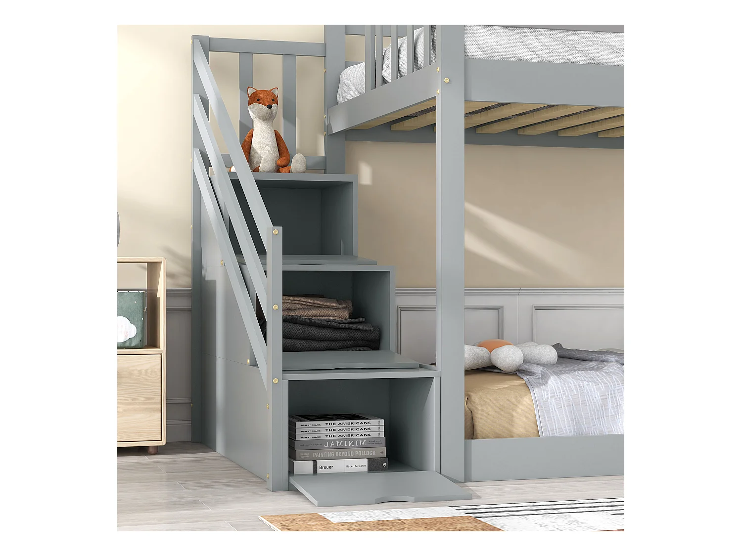Lit superposé avec escalier et toboggan, cadre en pin massif, lit pour enfants avec 3 tiroirs dans l'escalier, 90x200 cm, gris