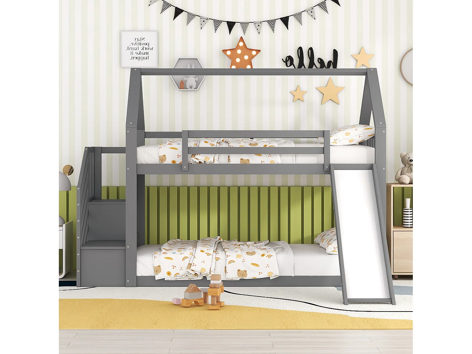 Stapelbed met opbergtrap en glijbaan, met leuning, 90x200cm, grijs