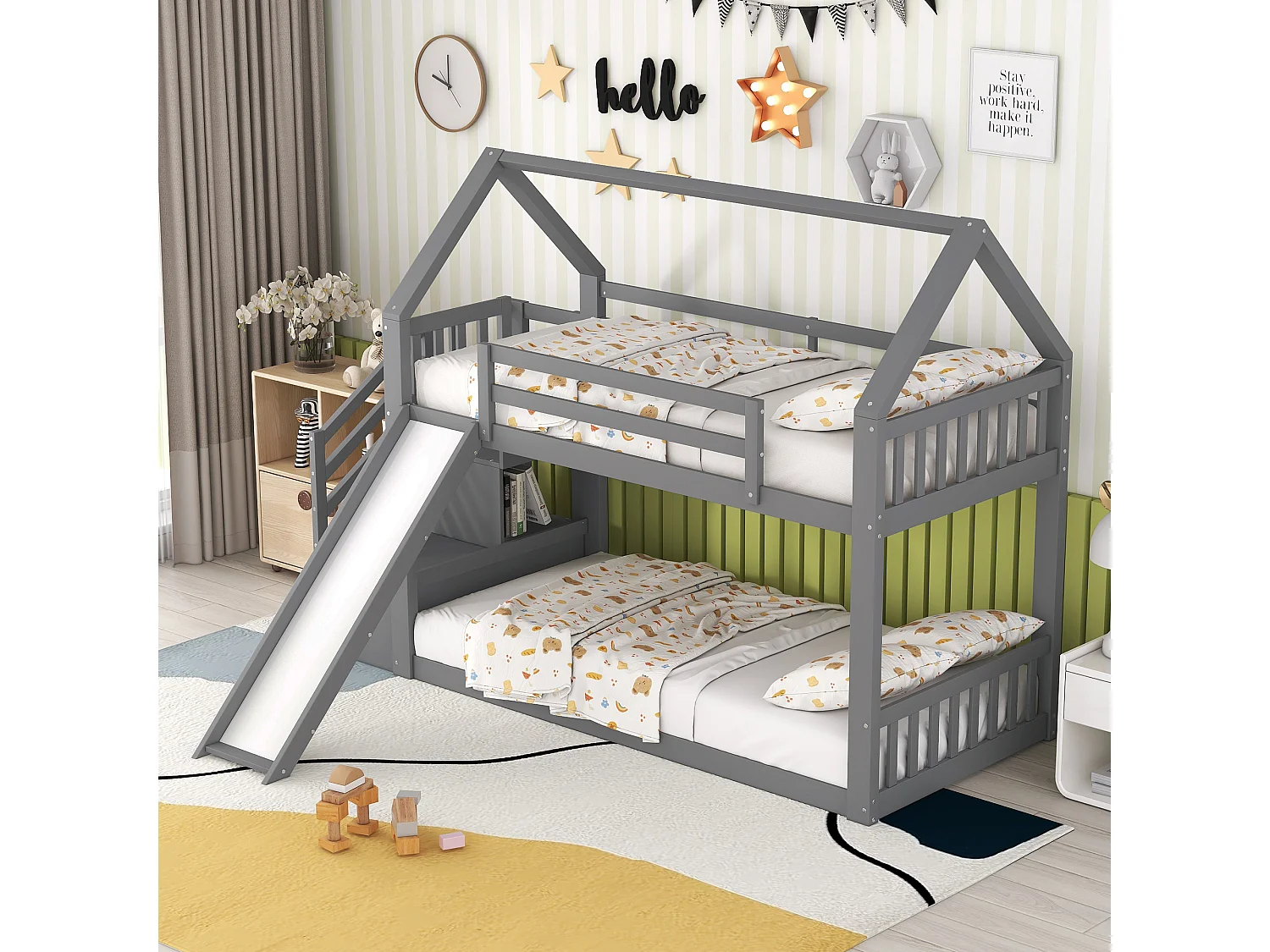 Stapelbed met opbergtrap en glijbaan, met leuning, 90x200cm, grijs