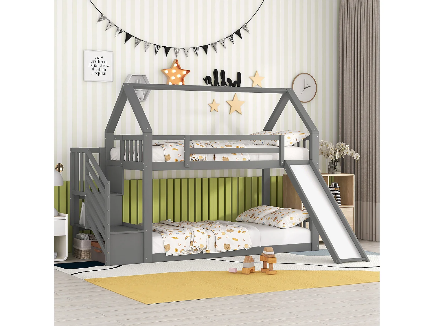 Stapelbed met opbergtrap en glijbaan, met leuning, 90x200cm, grijs