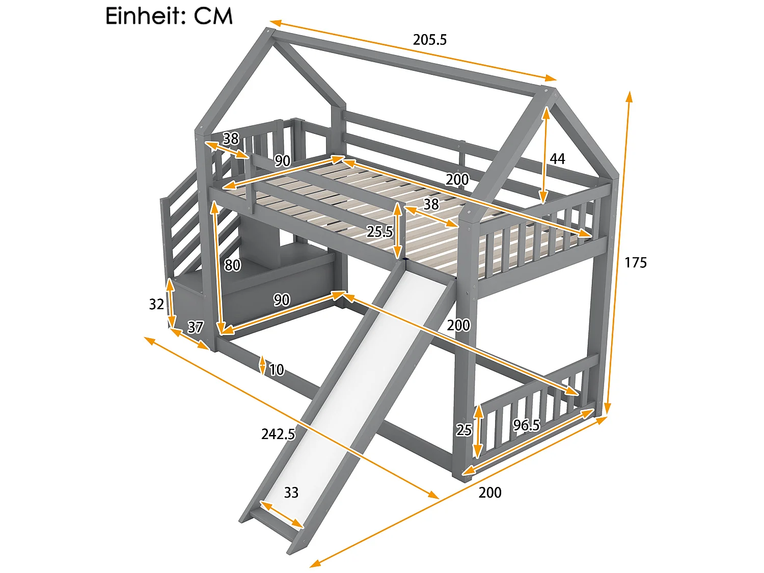 Stapelbed met opbergtrap en glijbaan, met leuning, 90x200cm, grijs