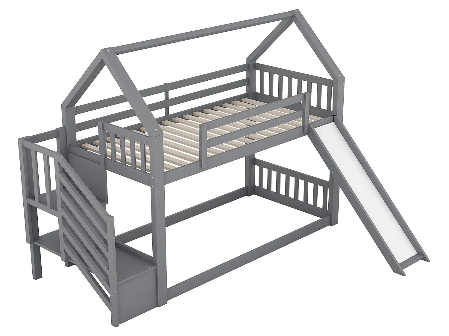Stapelbed met opbergtrap en glijbaan, met leuning, 90x200cm, grijs