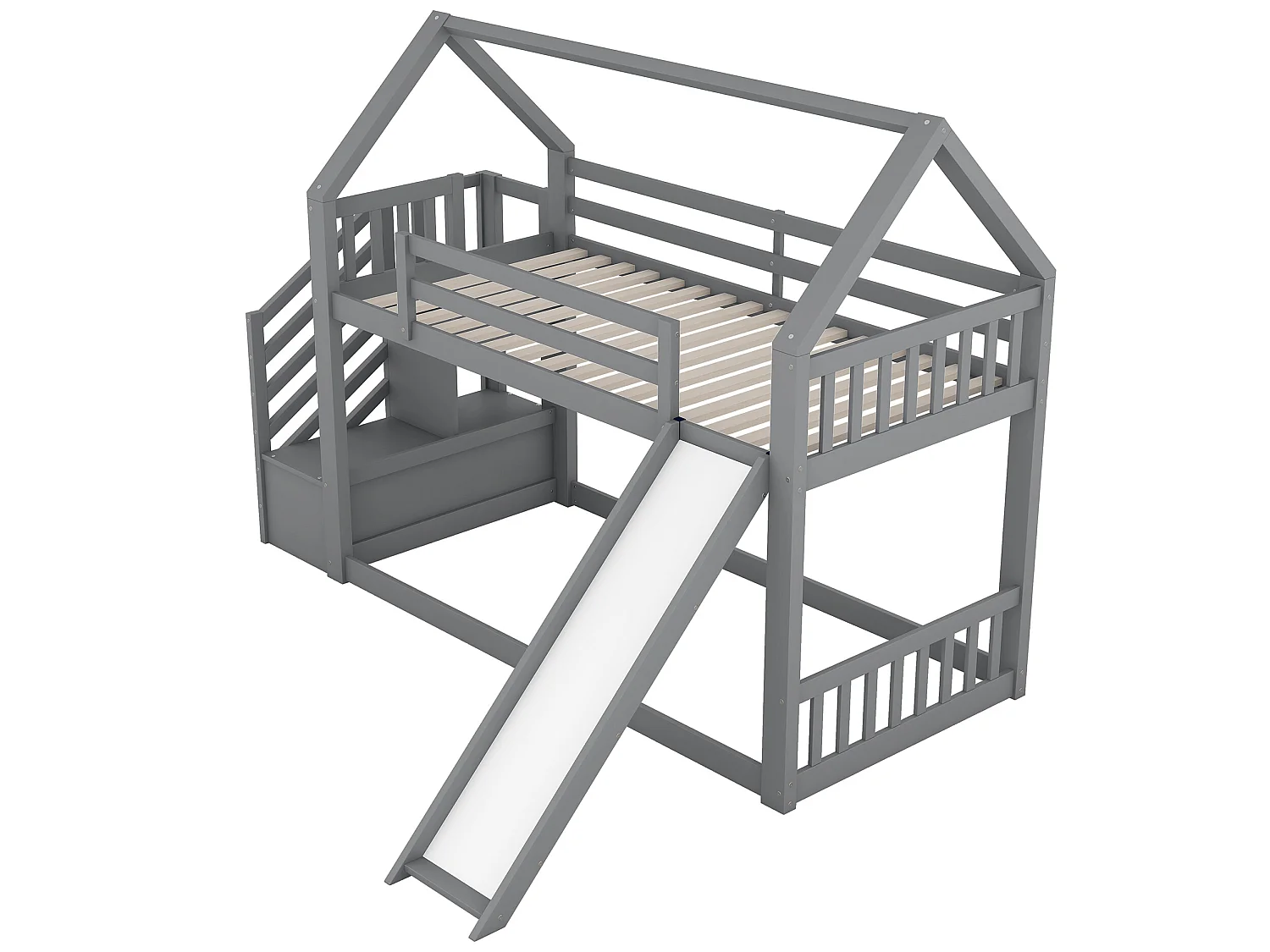 Stapelbed met opbergtrap en glijbaan, met leuning, 90x200cm, grijs