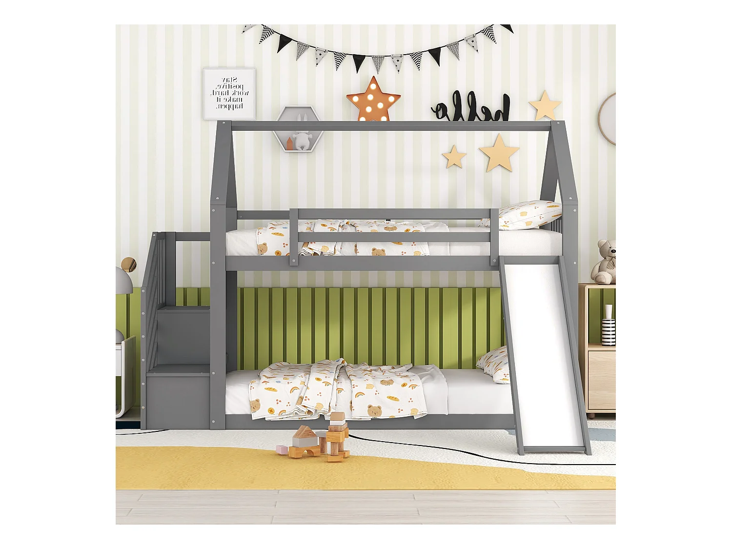Lit superposé avec escalier de rangement et toboggan,  avec garde-corps, 90x200cm, gris
