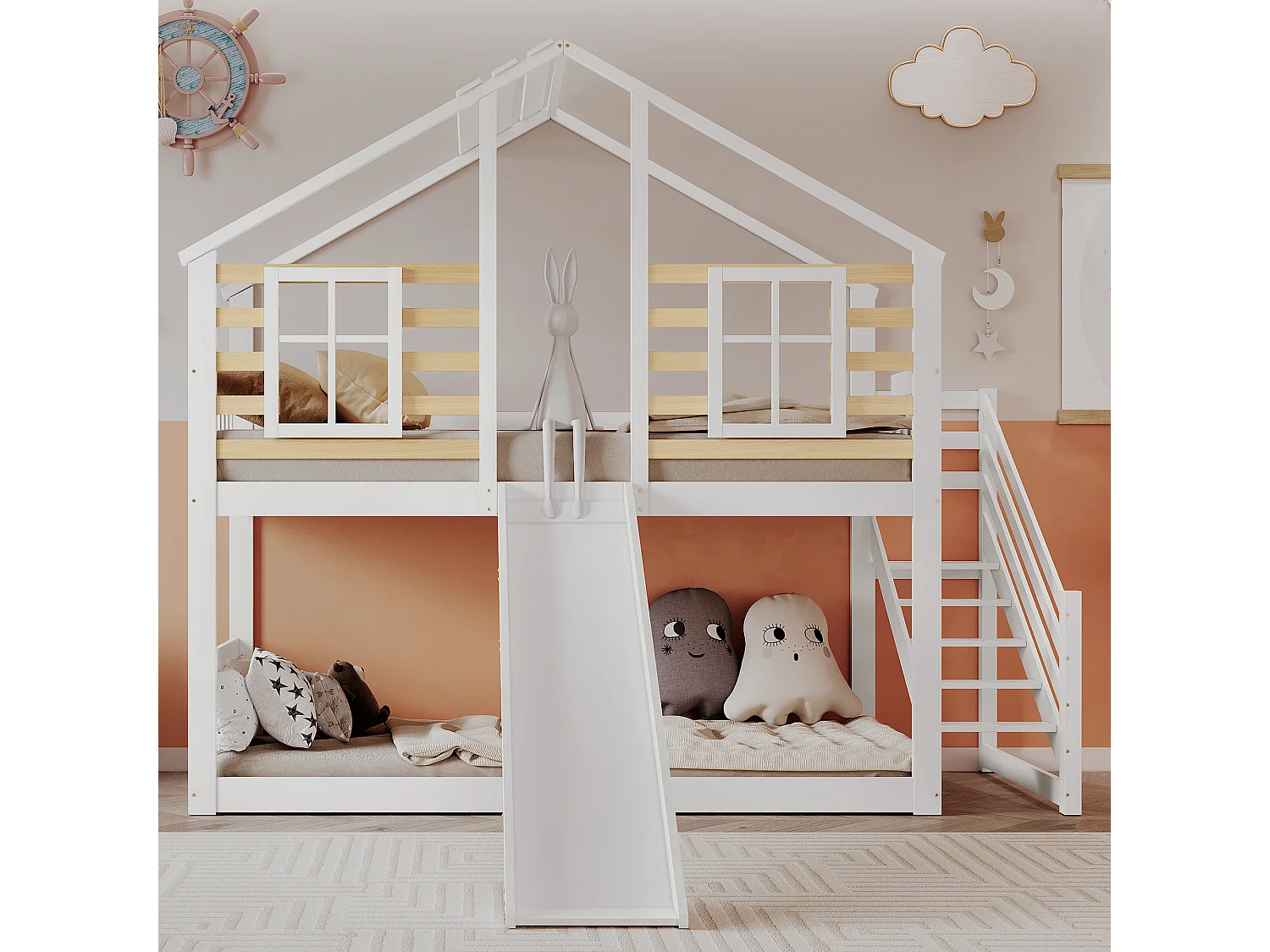 Houten stapelbed met trap en barrière, wit (90x200 cm)