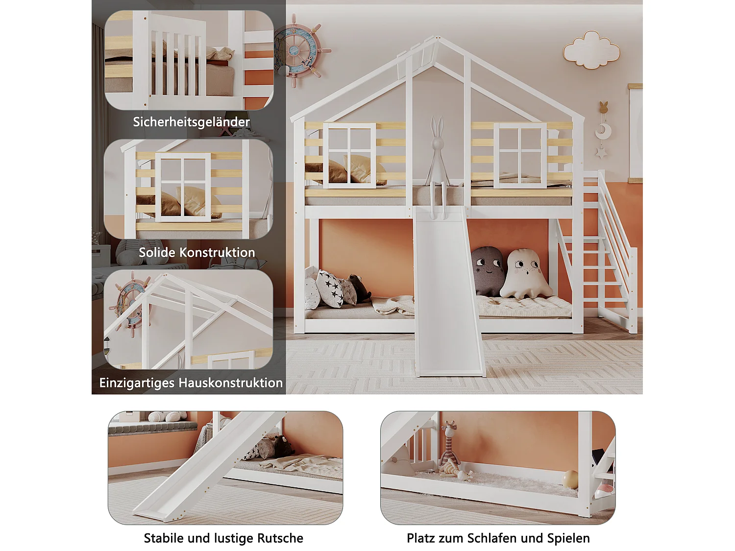 Houten stapelbed met trap en barrière, wit (90x200 cm)