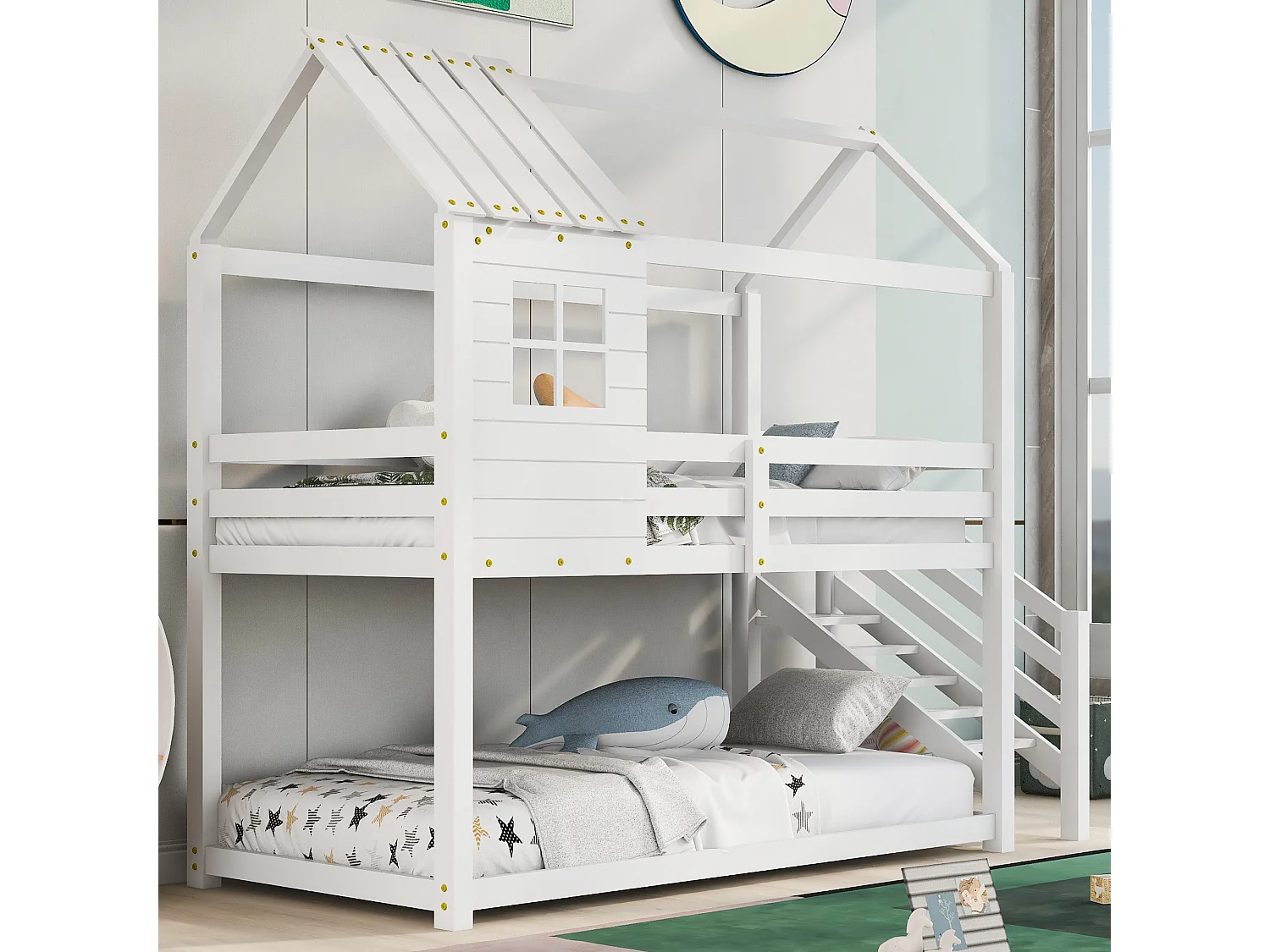 Stapelbed met hoektrap, huisbed, wit (200x90cm)