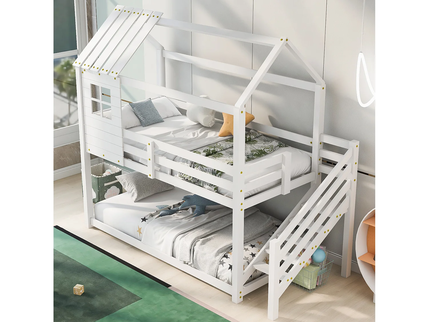 Stapelbed met hoektrap, huisbed, wit (200x90cm)