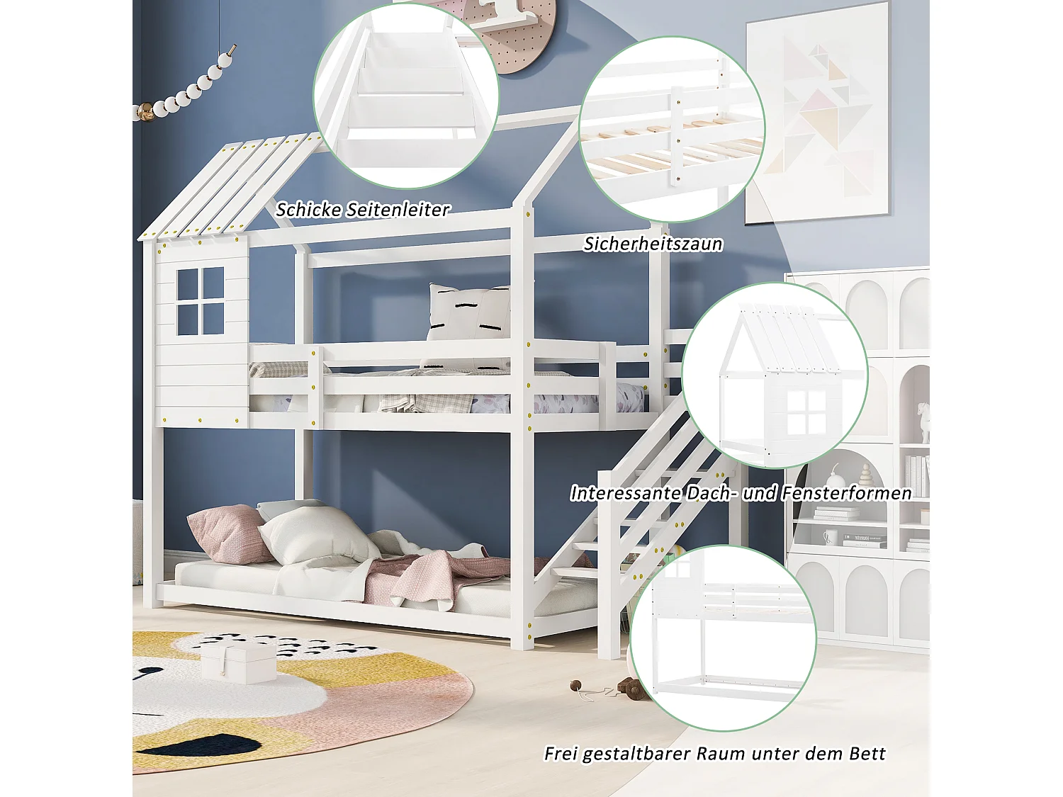 Stapelbed met hoektrap, huisbed, wit (200x90cm)