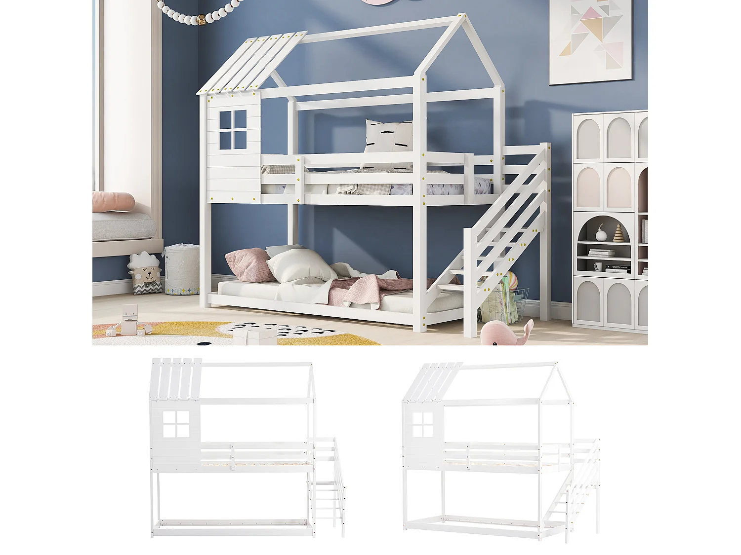 Stapelbed met hoektrap, huisbed, wit (200x90cm)