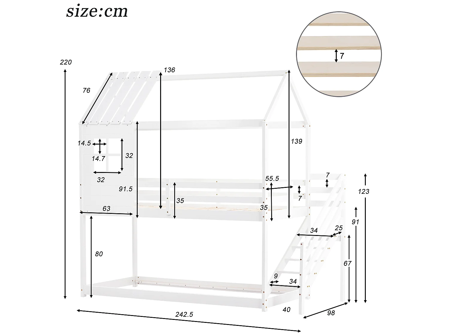 Stapelbed met hoektrap, huisbed, wit (200x90cm)
