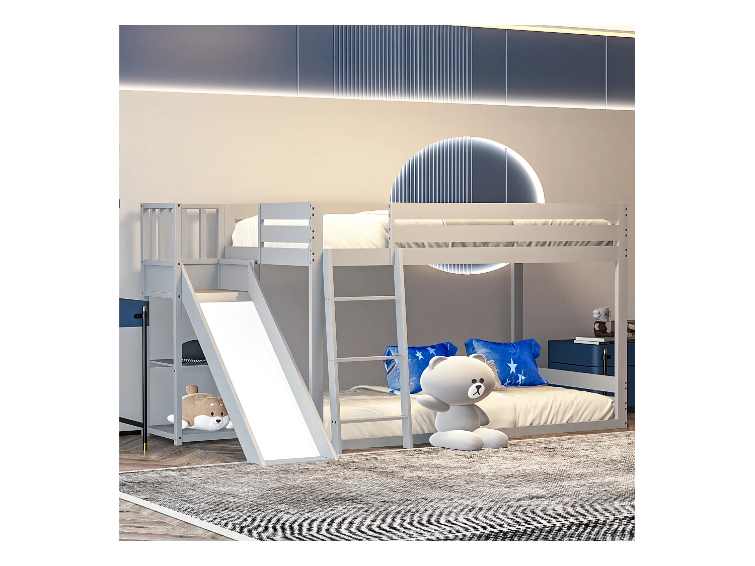 Grenenhouten stapelbed met ladder, 90*200cm, grijs