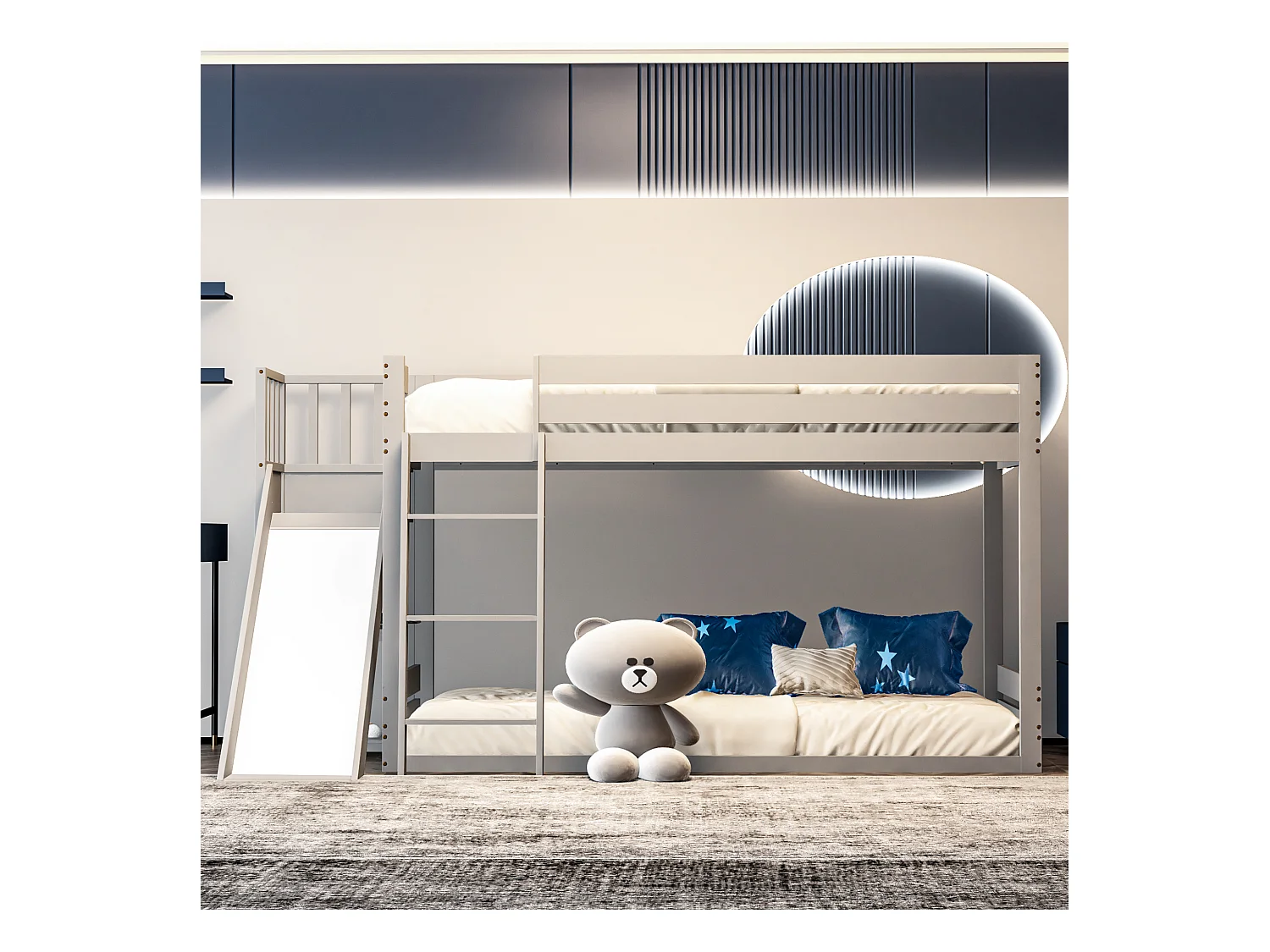 Lit enfant superposé en bois de pin avec échelle, 90*200cm, gris