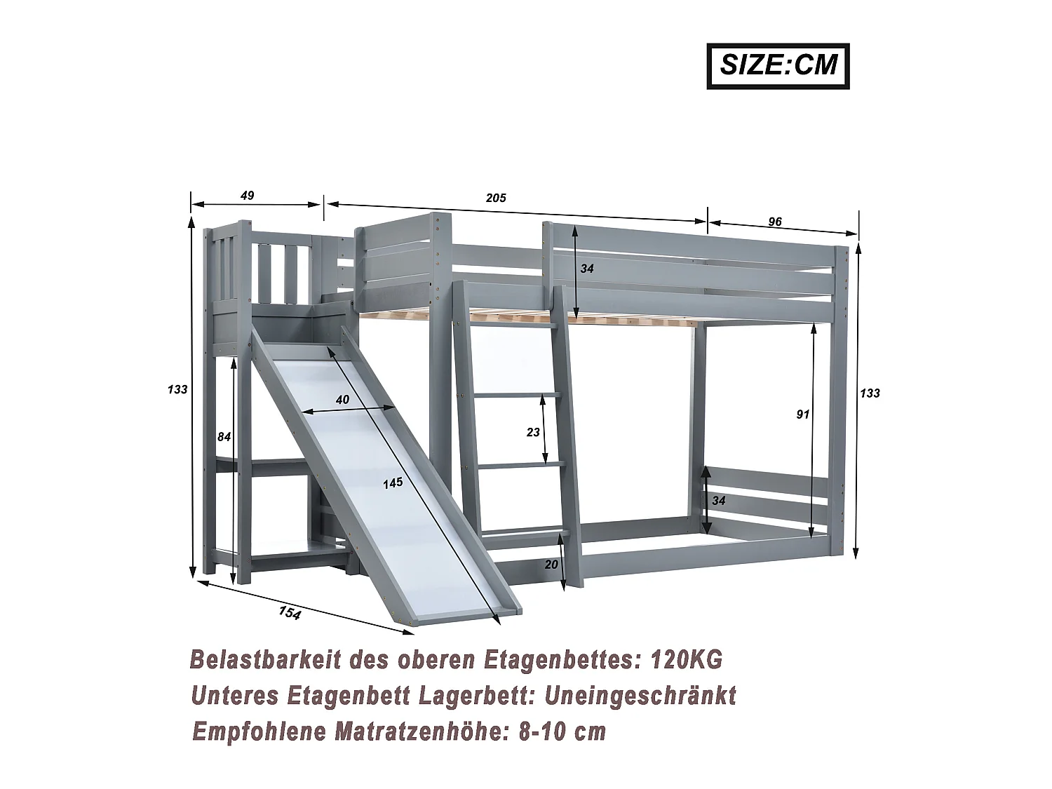 Lit enfant superposé en bois de pin avec échelle, 90*200cm, gris