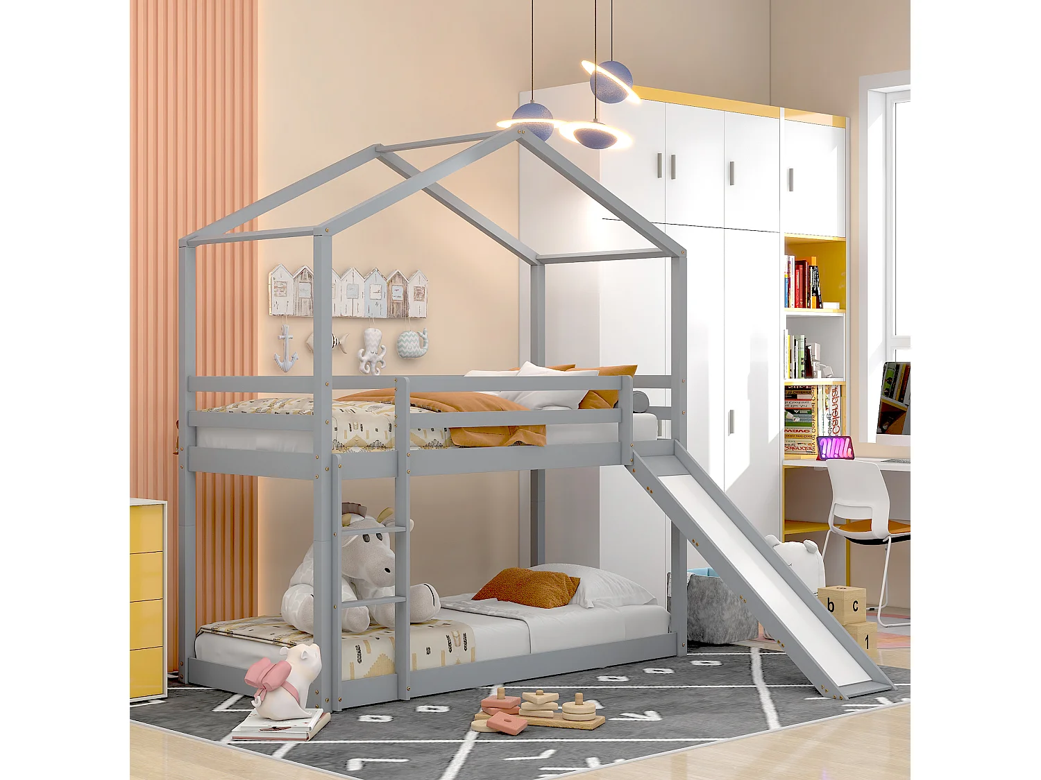 Kinderbed met glijbaan, massief houten stapelbedframe, 90 x 200 cm, grijs