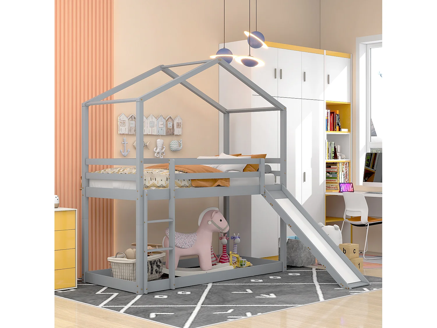 Kinderbed met glijbaan, massief houten stapelbedframe, 90 x 200 cm, grijs