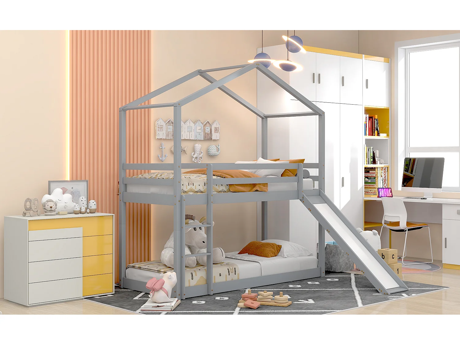 Kinderbed met glijbaan, massief houten stapelbedframe, 90 x 200 cm, grijs