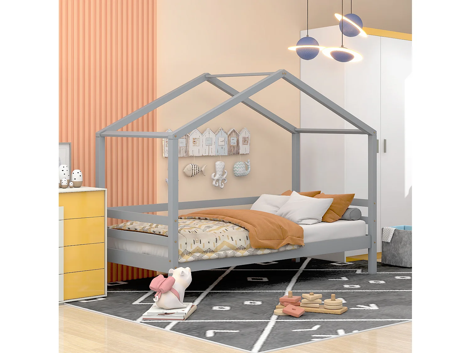 Kinderbed met glijbaan, massief houten stapelbedframe, 90 x 200 cm, grijs