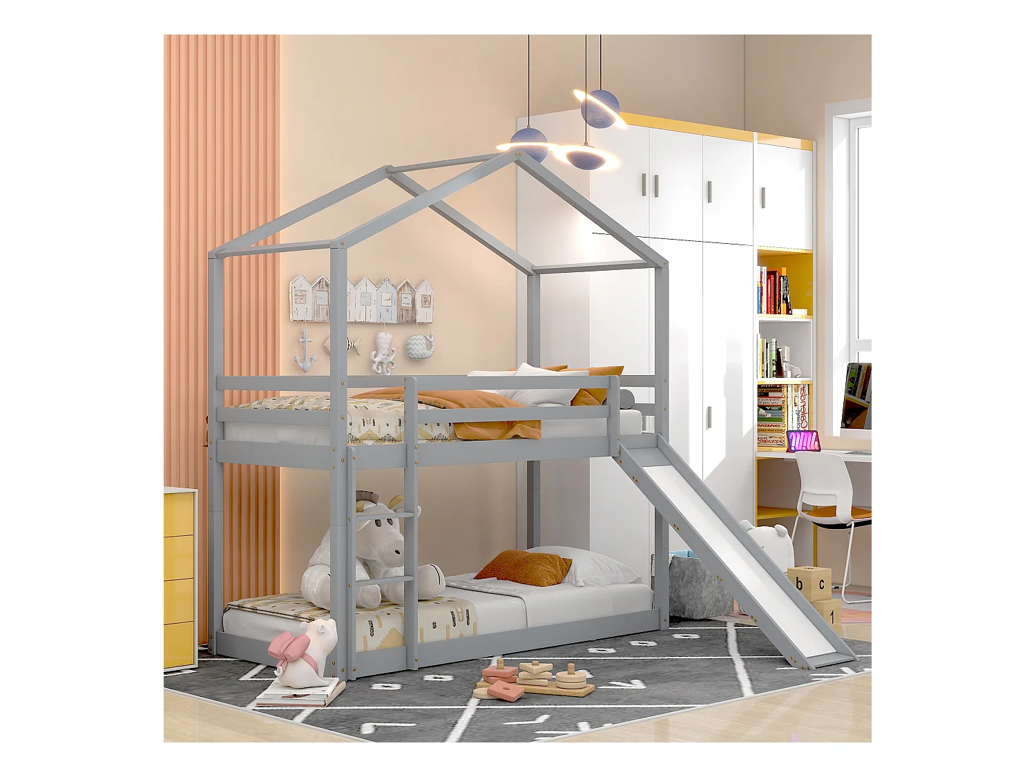Lit enfant avec toboggan, cadre de lit superposé en bois massif, 90 x 200 cm, gris