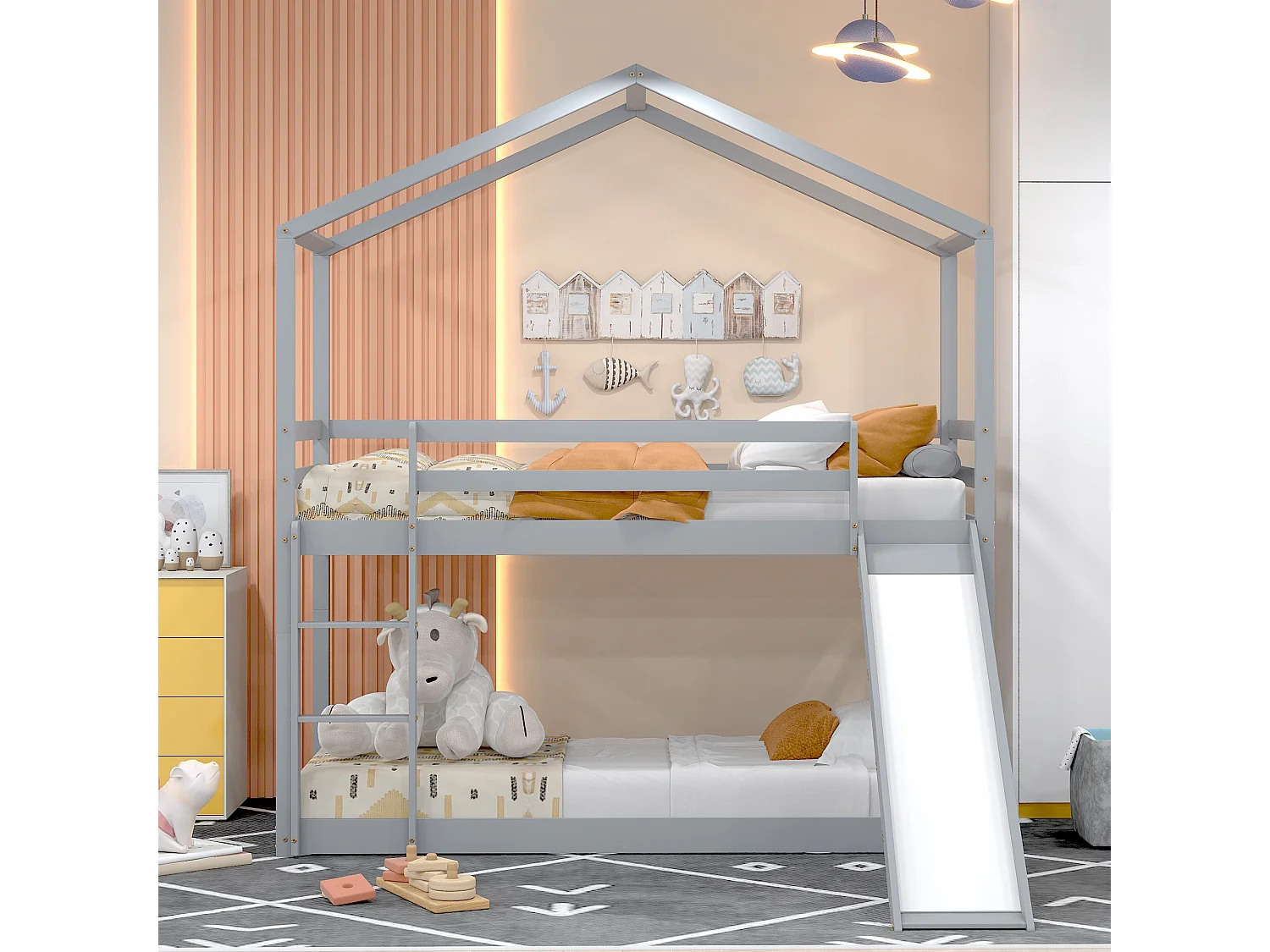 Lit enfant avec toboggan, cadre de lit superposé en bois massif, 90 x 200 cm, gris