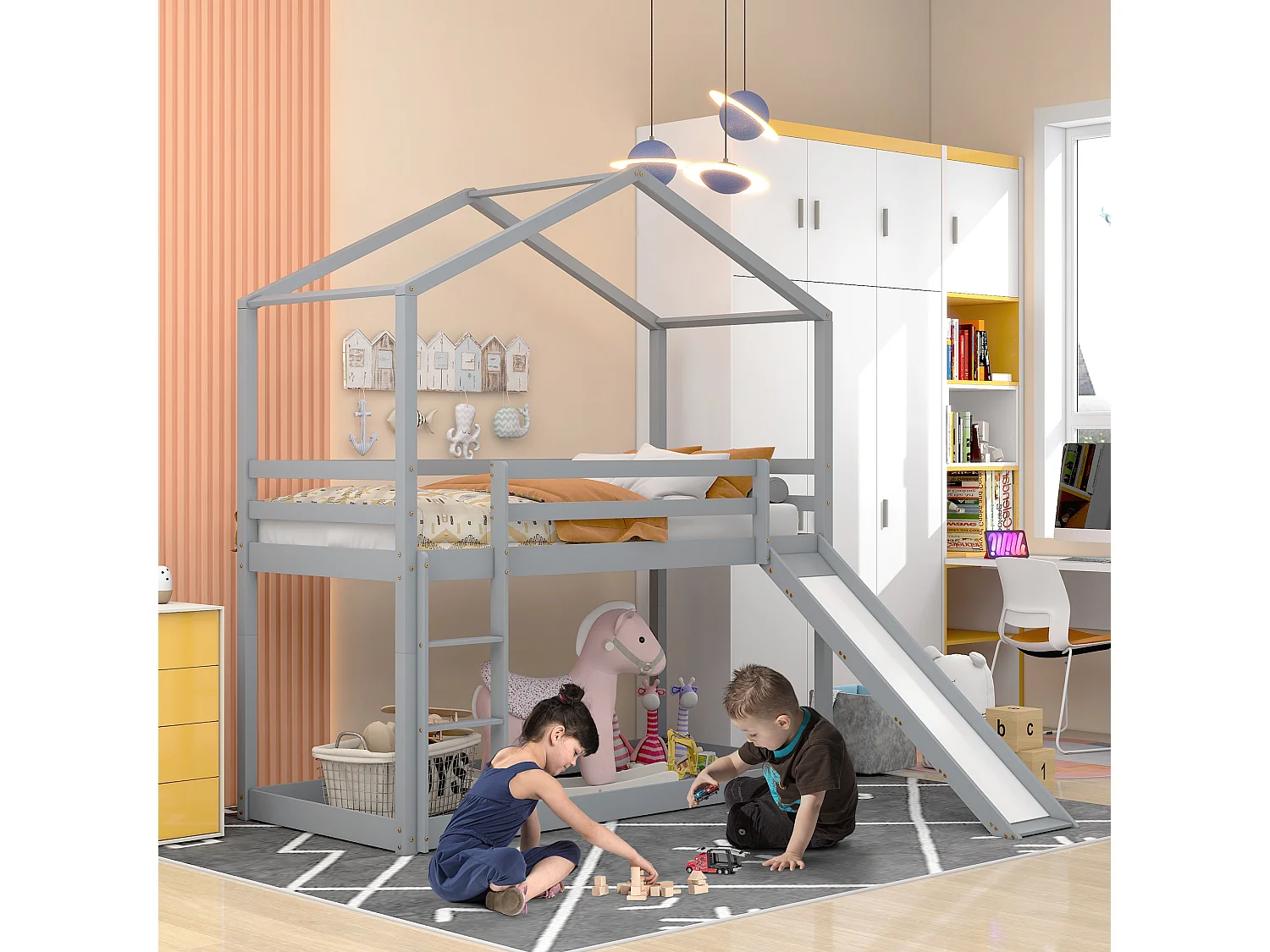 Lit enfant avec toboggan, cadre de lit superposé en bois massif, 90 x 200 cm, gris