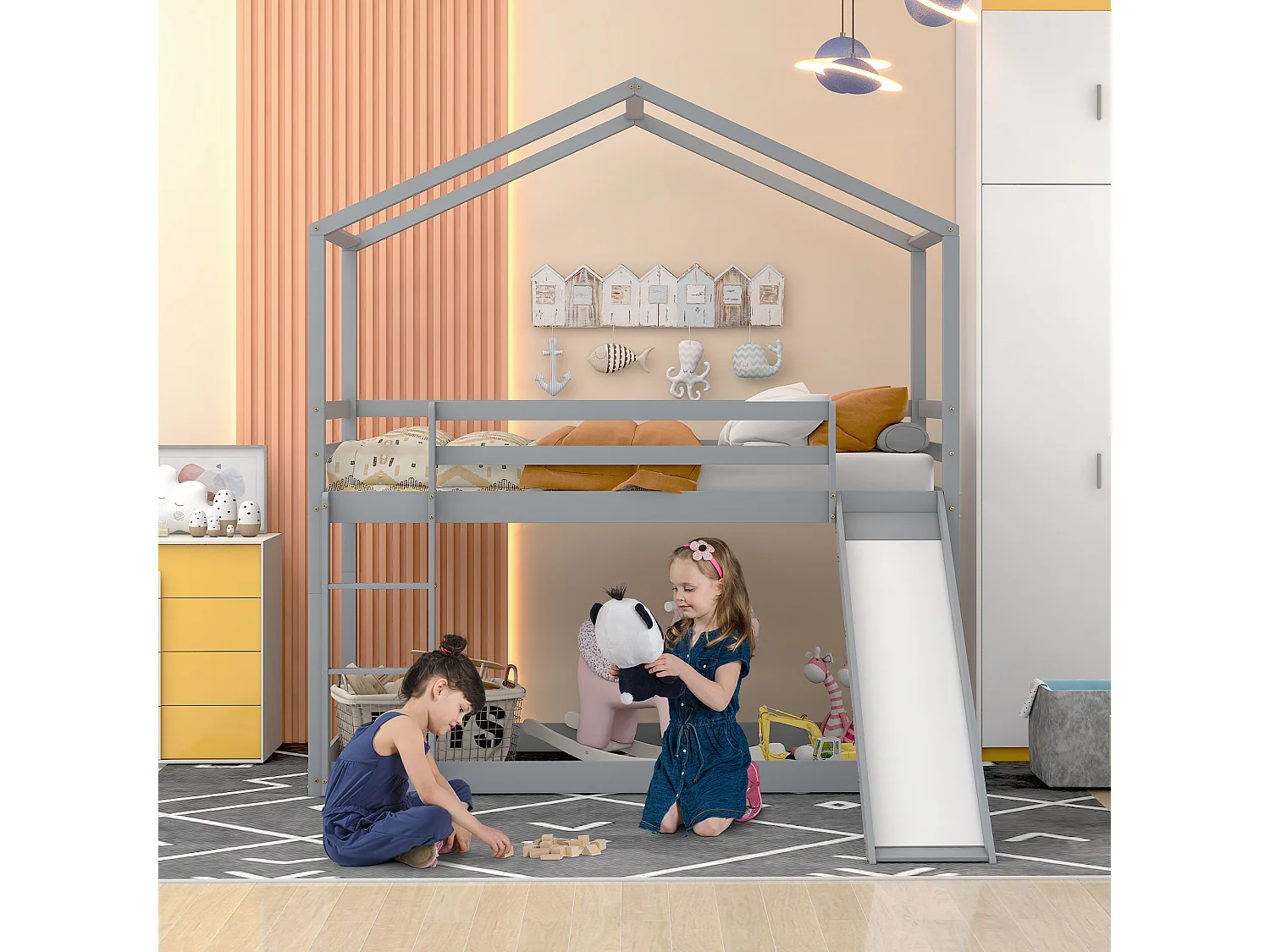 Lit enfant avec toboggan, cadre de lit superposé en bois massif, 90 x 200 cm, gris