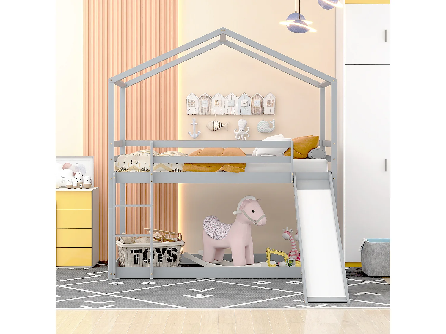 Lit enfant avec toboggan, cadre de lit superposé en bois massif, 90 x 200 cm, gris