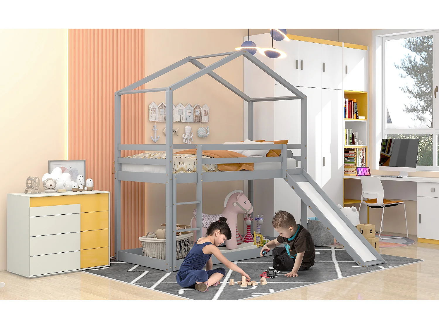 Lit enfant avec toboggan, cadre de lit superposé en bois massif, 90 x 200 cm, gris