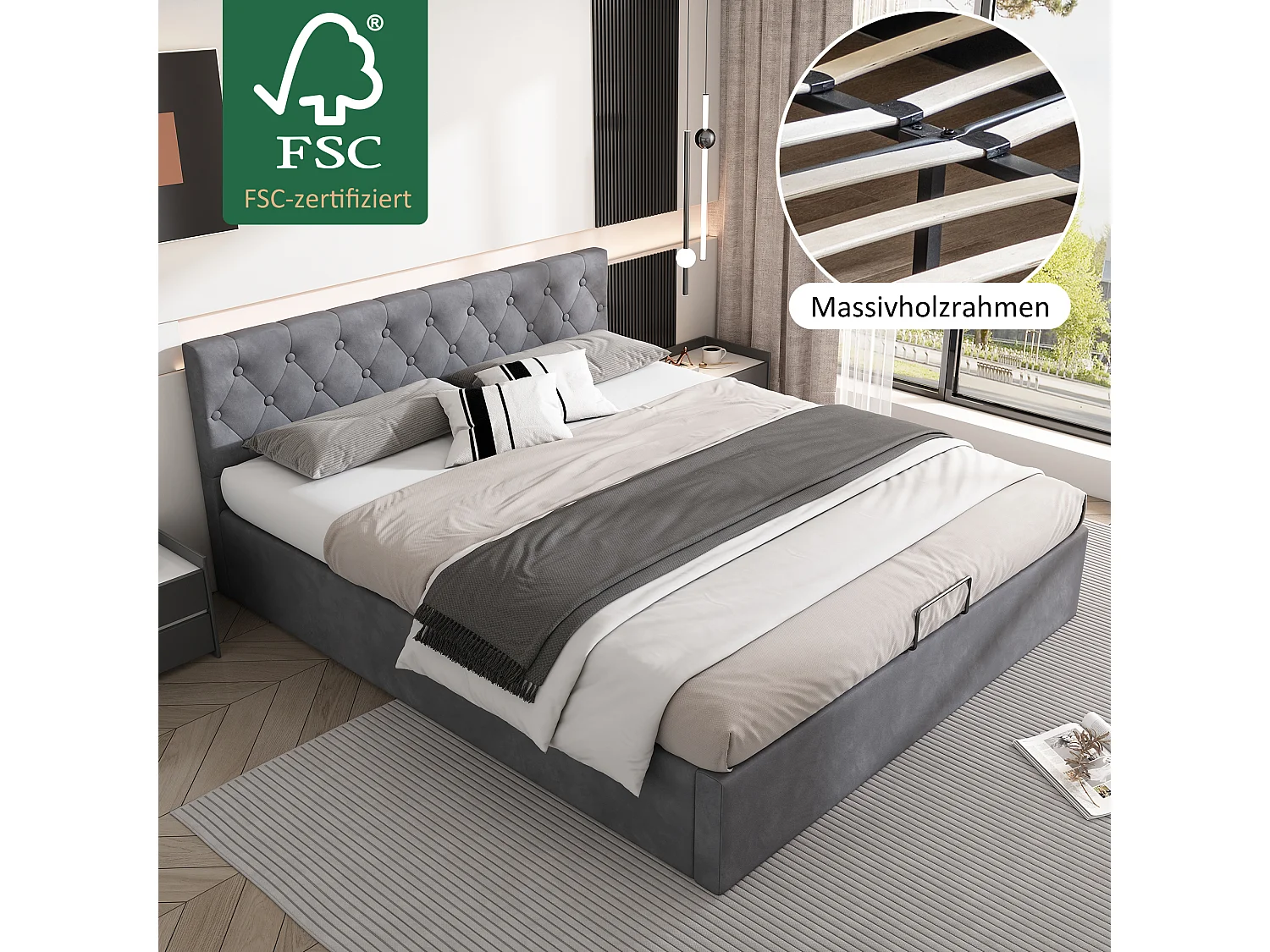 Bed met fluwelen opbergruimte, houten frame, lattenbodem, tweepersoonsbed, (grijs, 140 x 200 cm)