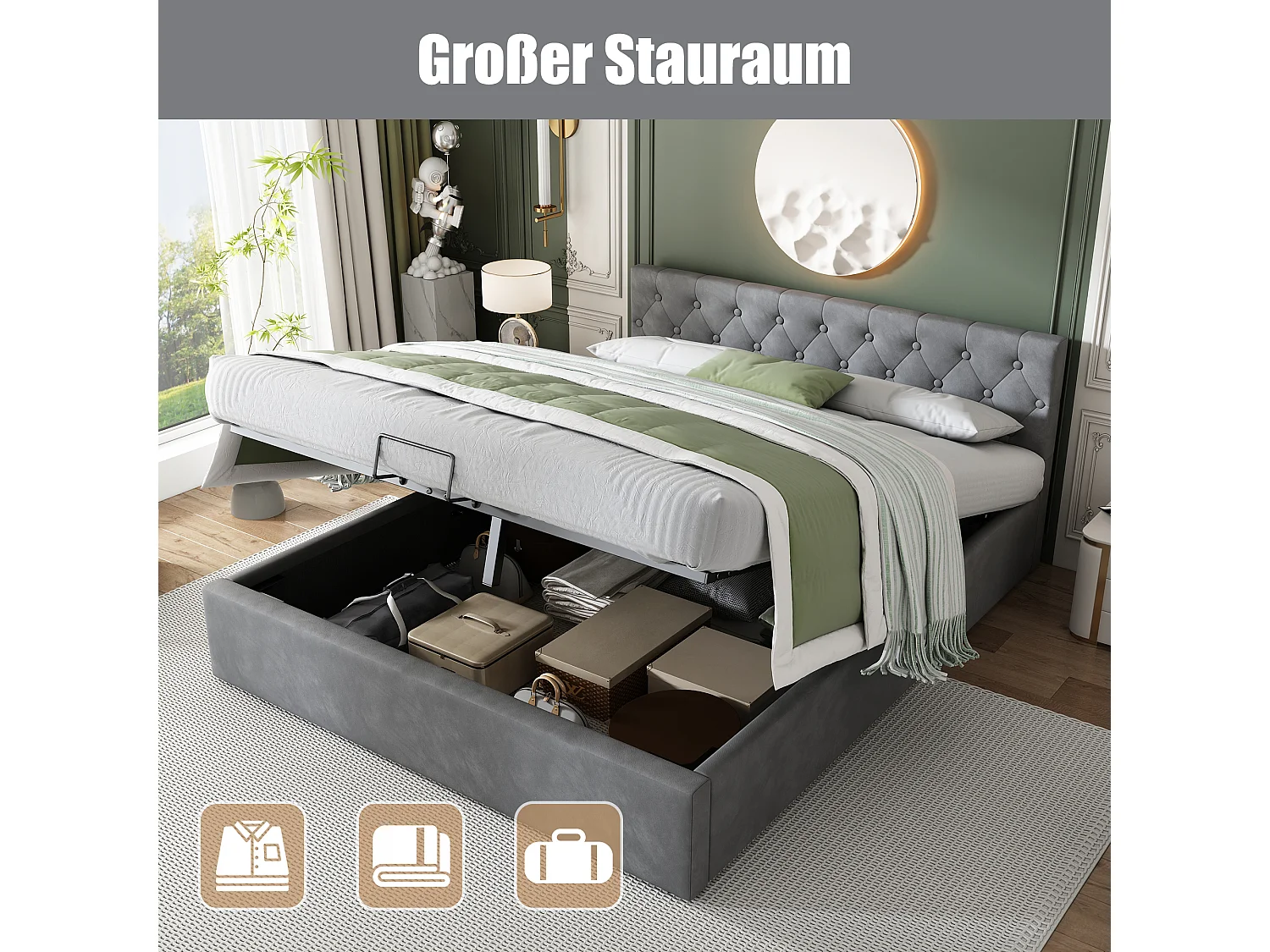 Bed met fluwelen opbergruimte, houten frame, lattenbodem, tweepersoonsbed, (grijs, 140 x 200 cm)