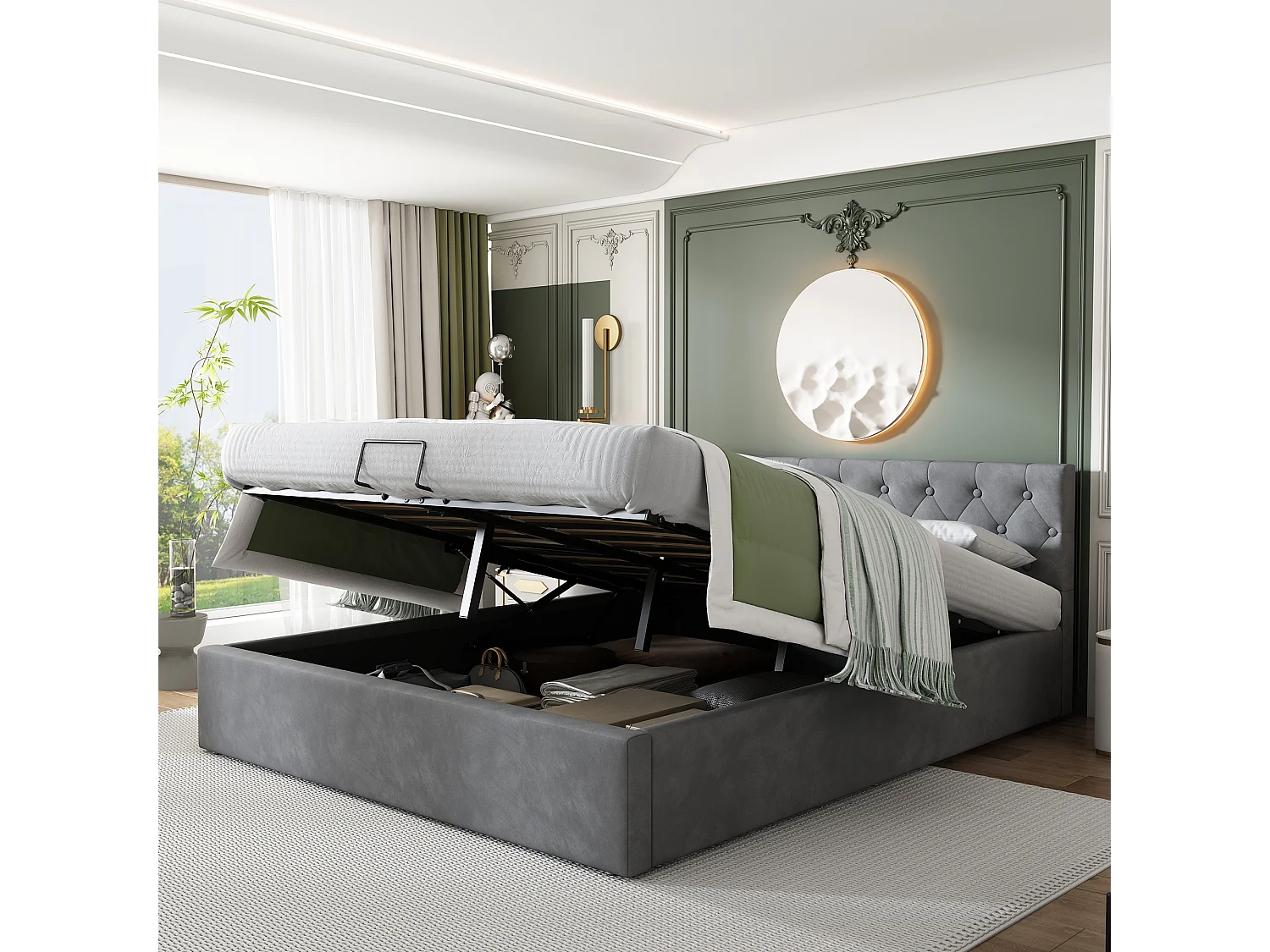 Bed met fluwelen opbergruimte, houten frame, lattenbodem, tweepersoonsbed, (grijs, 140 x 200 cm)