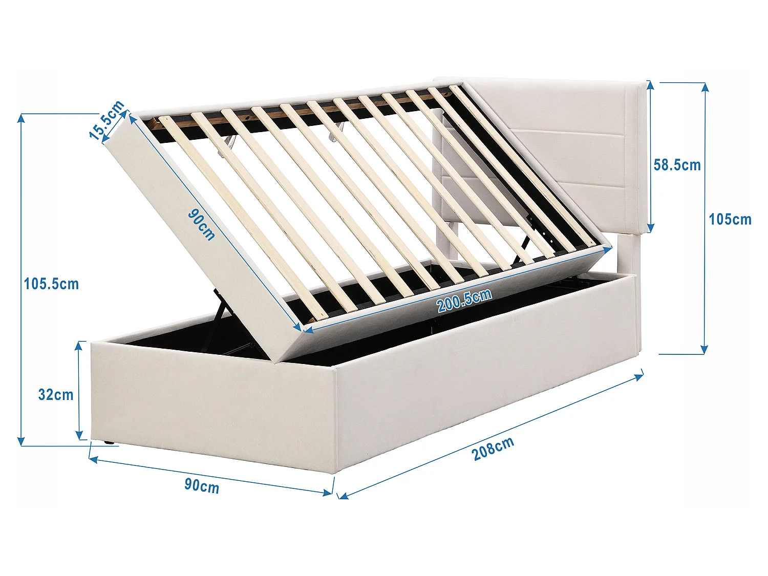 Eenpersoons gestoffeerd bed met metalen framebodem, grote opbergruimte, beige, 200x90cm