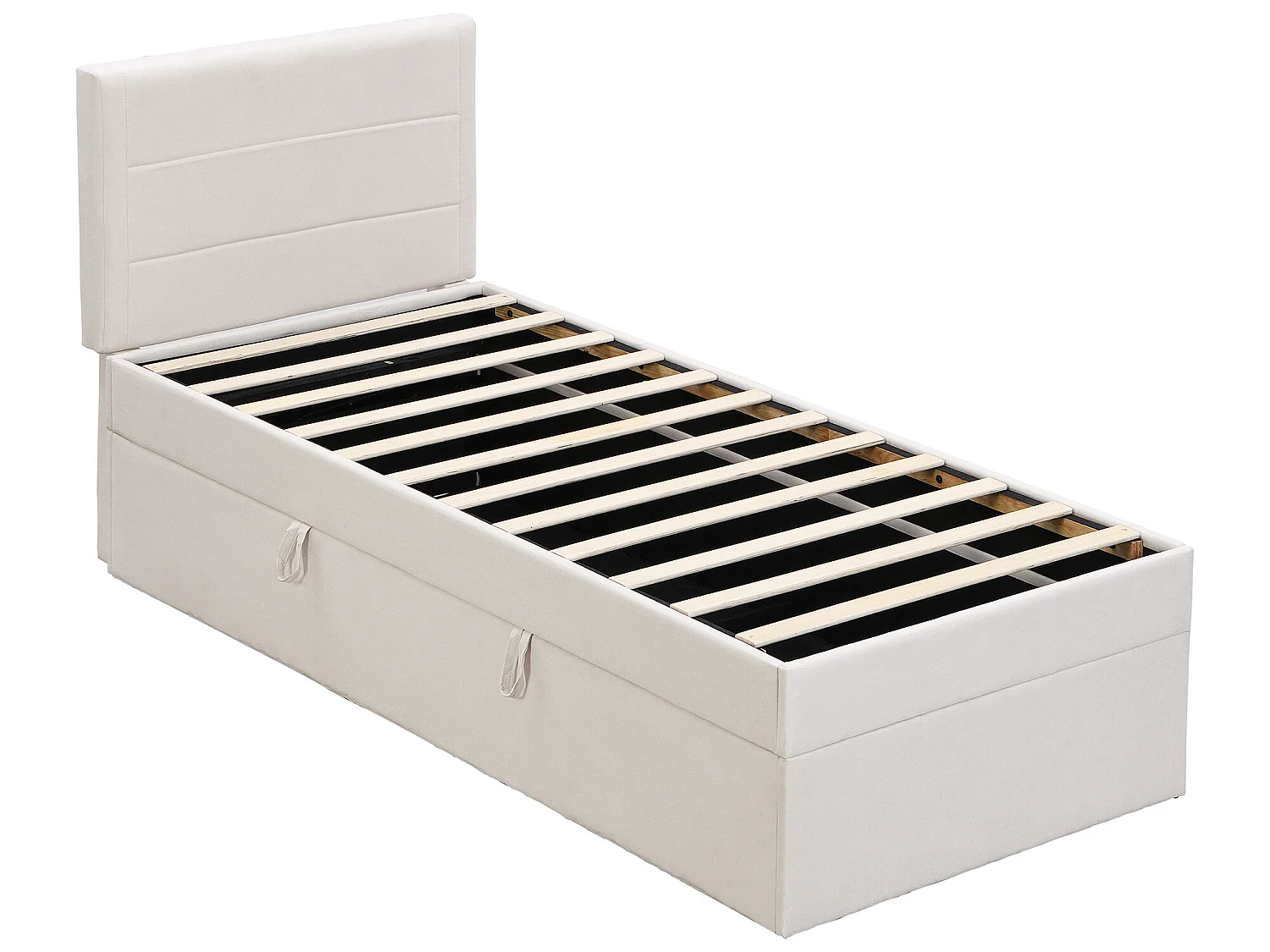 Eenpersoons gestoffeerd bed met metalen framebodem, grote opbergruimte, beige, 200x90cm