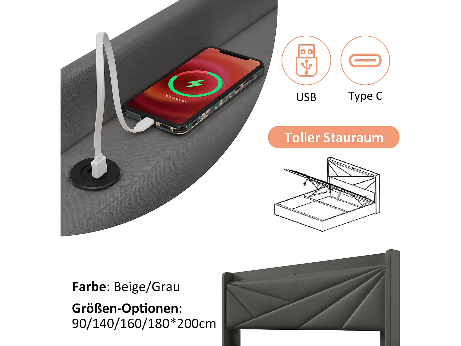 Lit confortable avec espace de rangement, chargeur usb type c et tête de lit