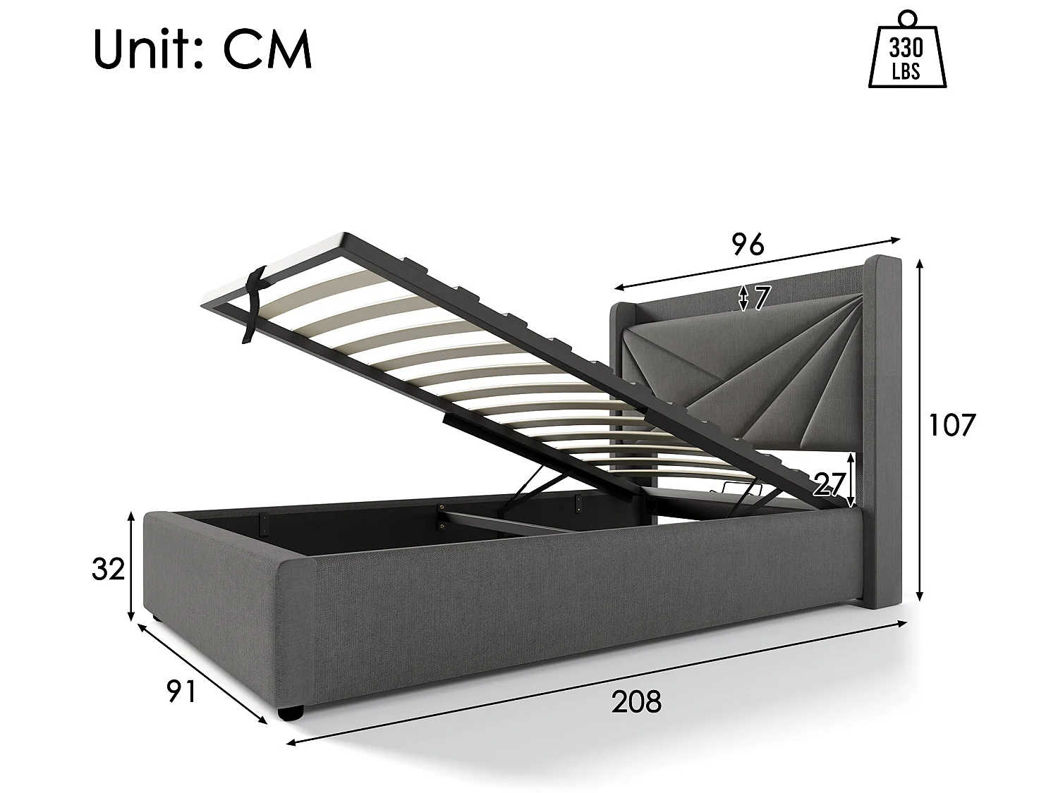Lit confortable avec espace de rangement, chargeur usb type c et tête de lit