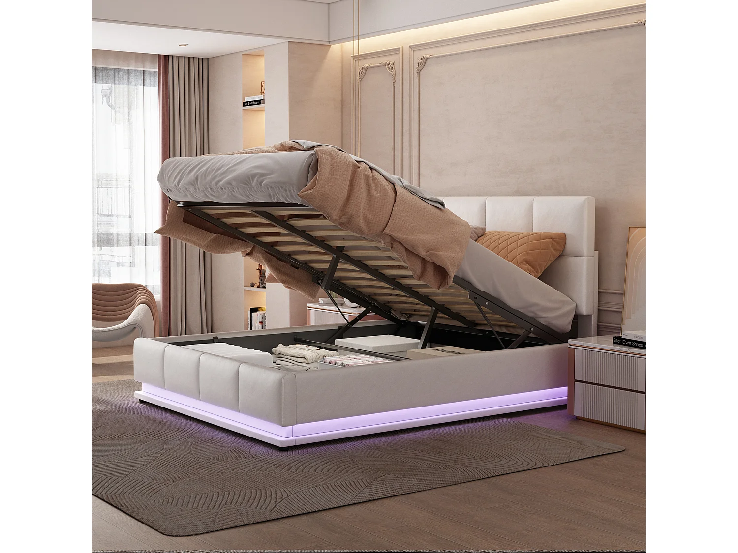 Lit double adulte avec rangement et éclairage led 140x200 cm blanc