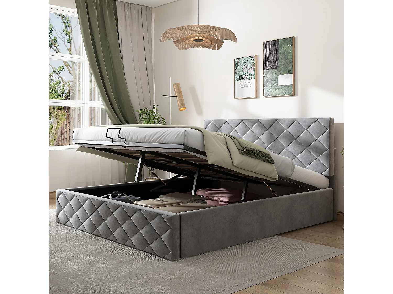 Cama doble con almacenaje y somier hidráulico, 140*200, sencilla y elegante, gris