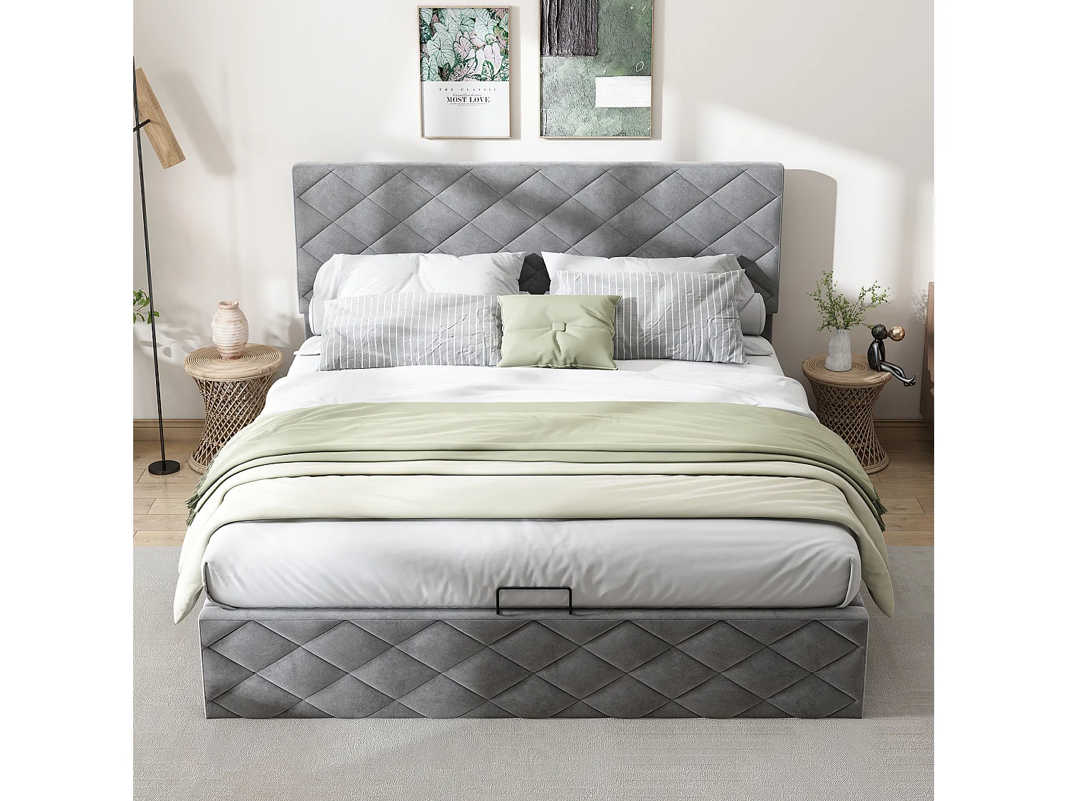Cama doble con almacenaje y somier hidráulico, 140*200, sencilla y elegante, gris