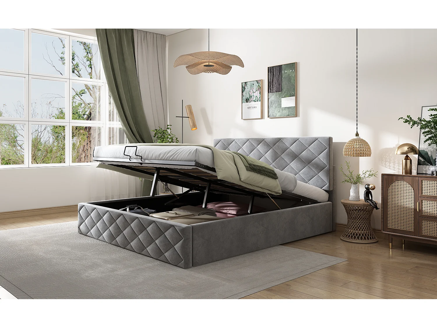 Cama doble con almacenaje y somier hidráulico, 140*200, sencilla y elegante, gris