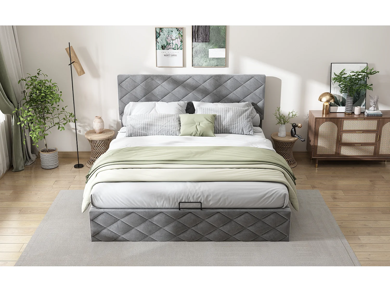 Cama doble con almacenaje y somier hidráulico, 140*200, sencilla y elegante, gris