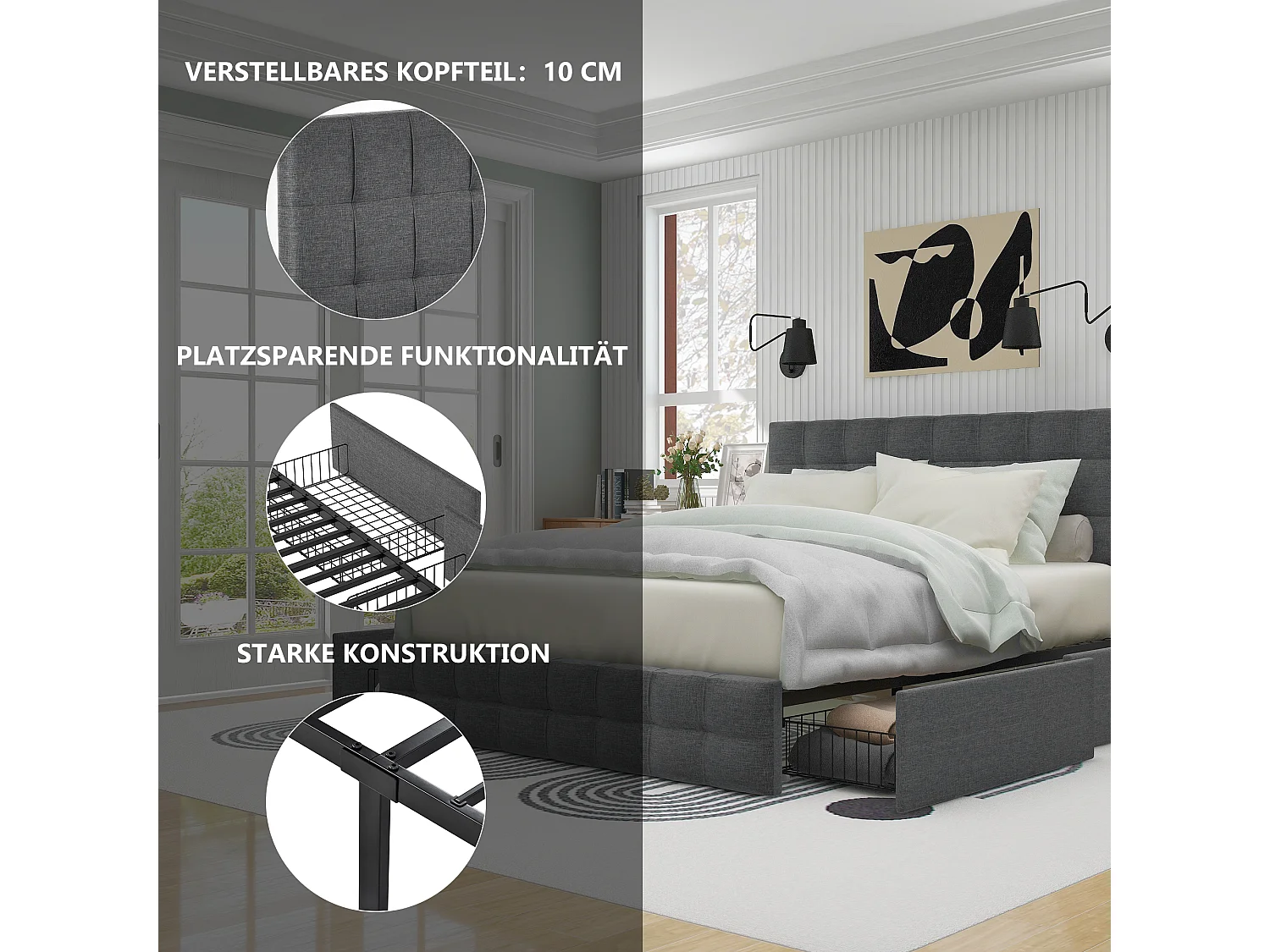 Bed met opbergruimte en in hoogte verstelbaar hoofdeinde, (140*200 cm, grijs)