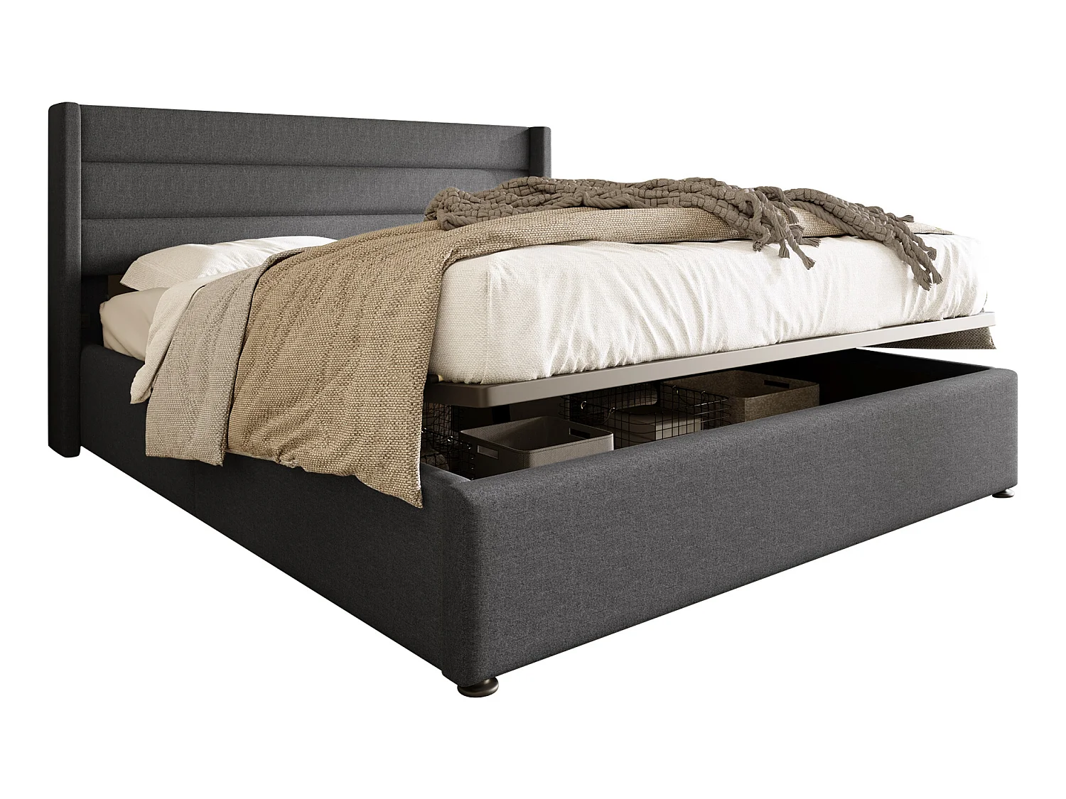 Letto contenitore idraulico matrimoniale 140x200 cm, lino grigio