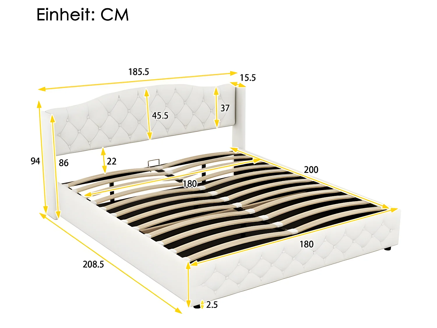 Multifunctioneel bed 180 x 200 met hydraulische opbergruimte, wit