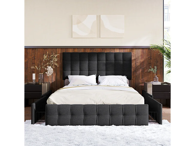 Lit double avec rangement, tête de lit réglable et design unique, 140*200 cm, noir