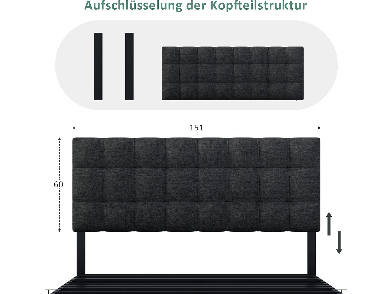 Lit double avec rangement, tête de lit réglable et design unique, 140*200 cm, noir
