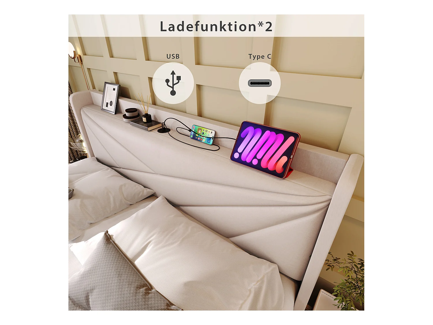 Bed met opbergruimte, hoofdbord met usb type c oplaadfunctie, 90x200
