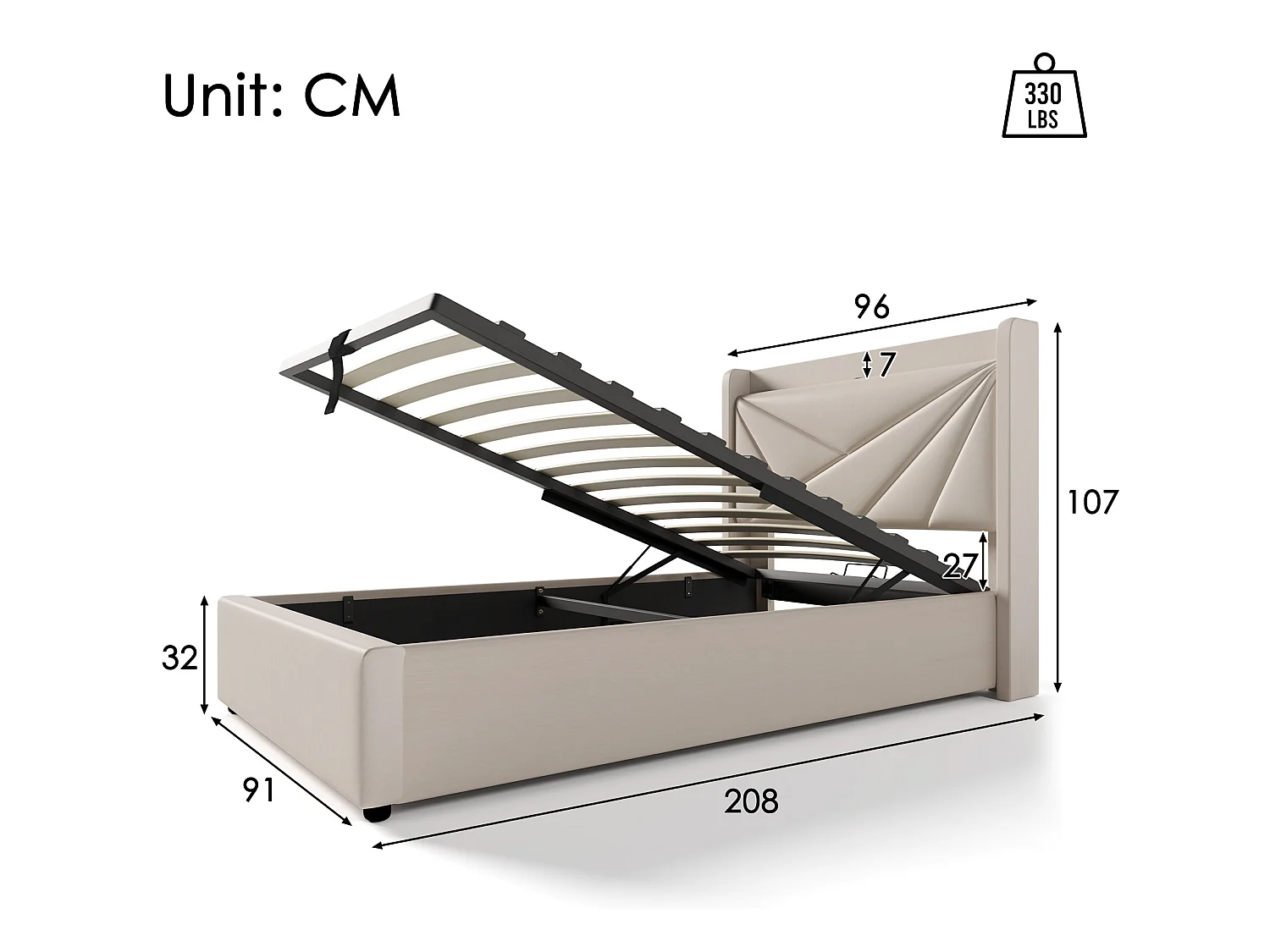 Bed met opbergruimte en usb type c lade, 90x200